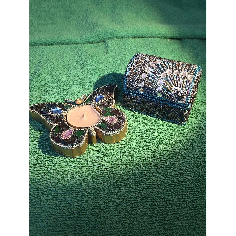 Beaded/Jeweled Trinket Box And Beaded Butterfly Tealight Holder